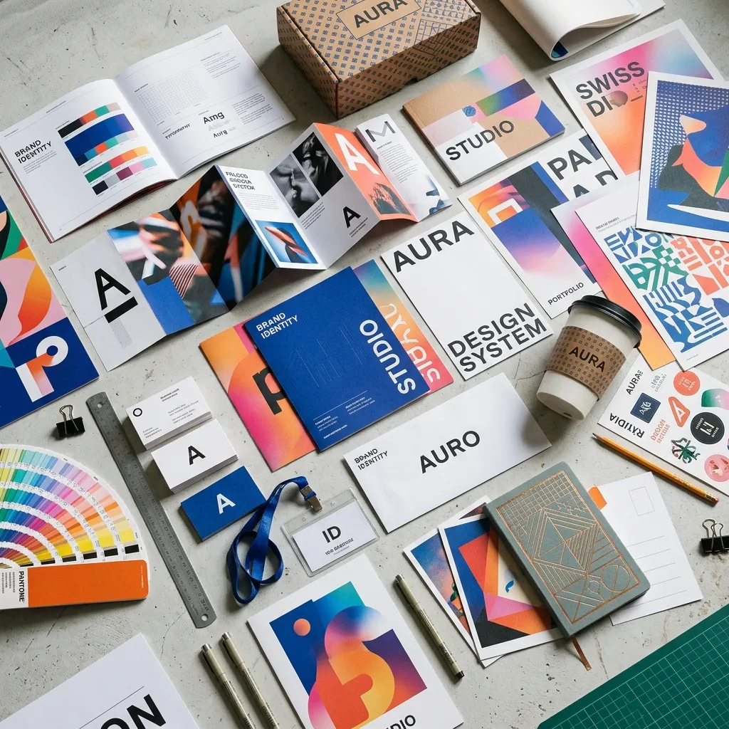 Materiais gráficos e papelaria com identidade visual coordenada