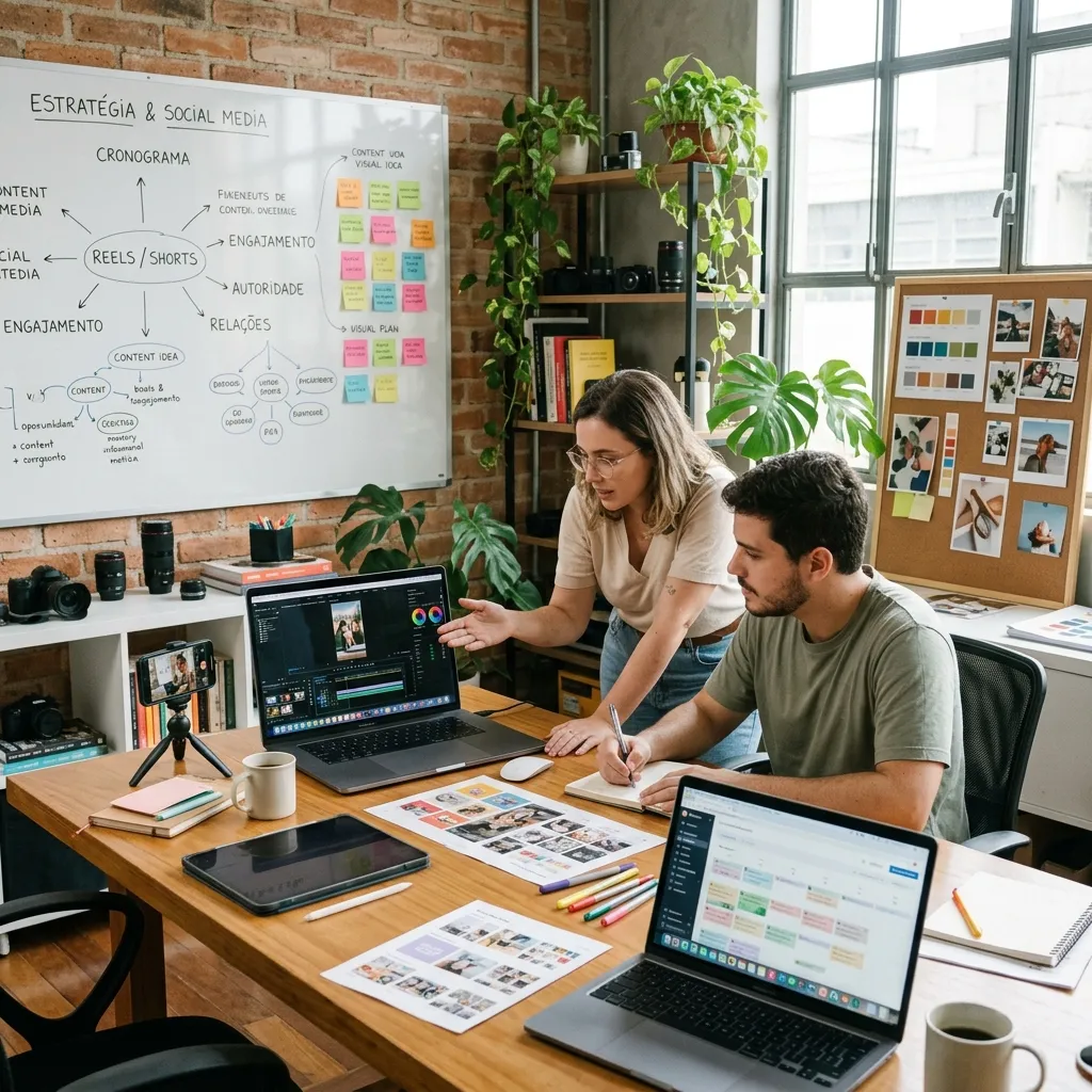 Equipe planejando conteúdo e estratégia de redes sociais