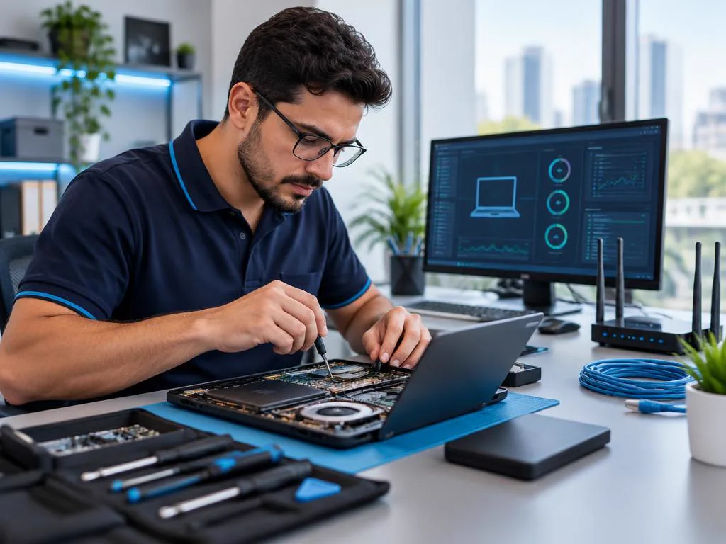 Técnico realizando manutenção em notebook em ambiente profissional