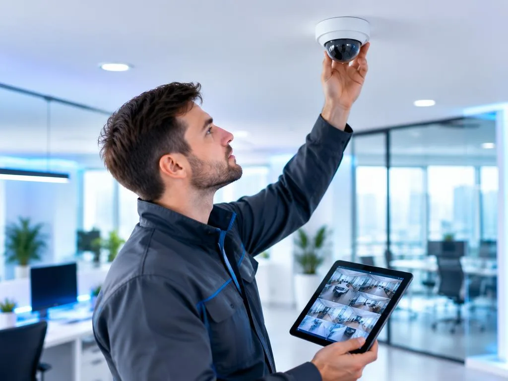 Técnico instalando câmera de segurança em ambiente empresarial